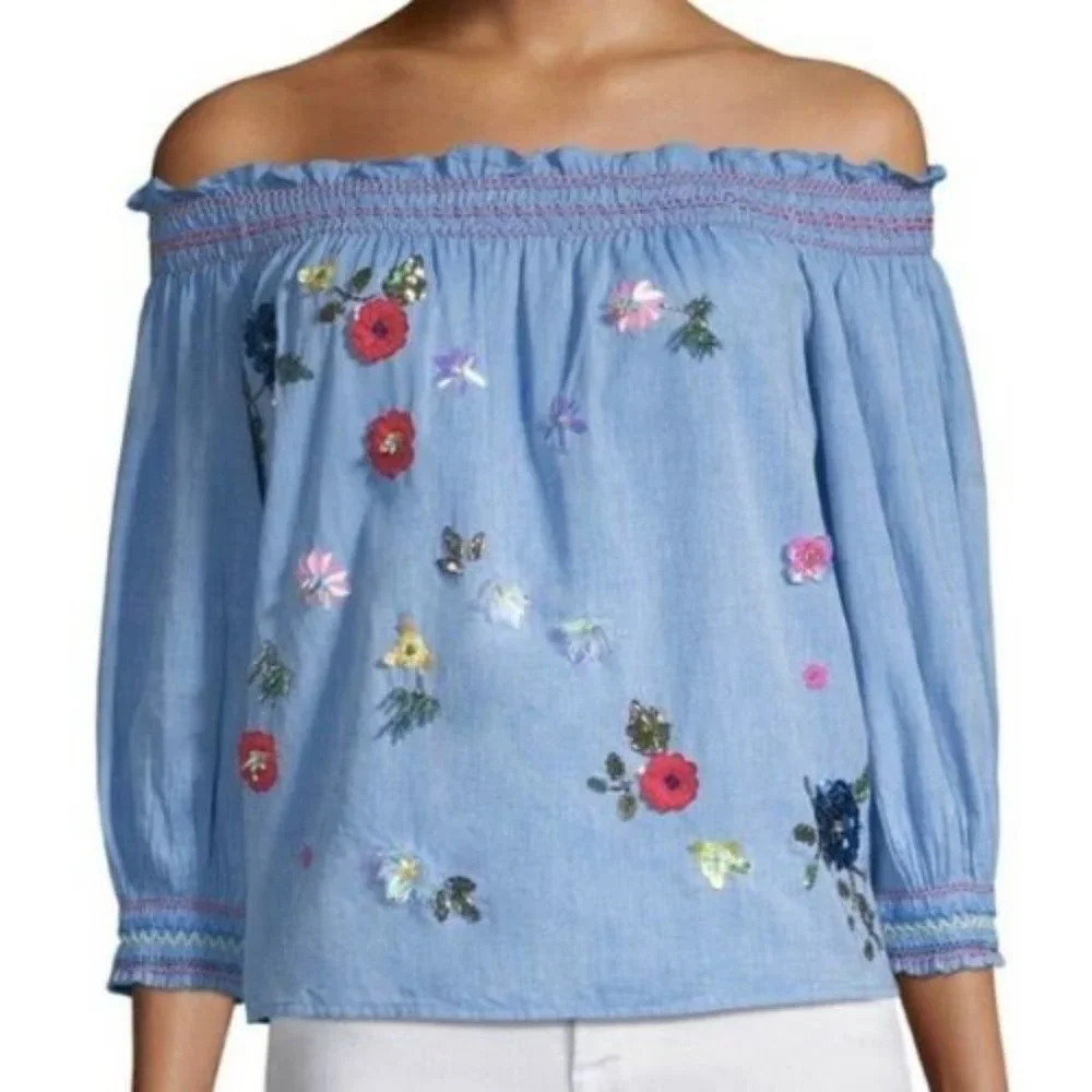 NWT Joie Off-the-Shoulder Floral Embroidered Chambray Top Blue Blouse Size XS - Picture 5 of 12